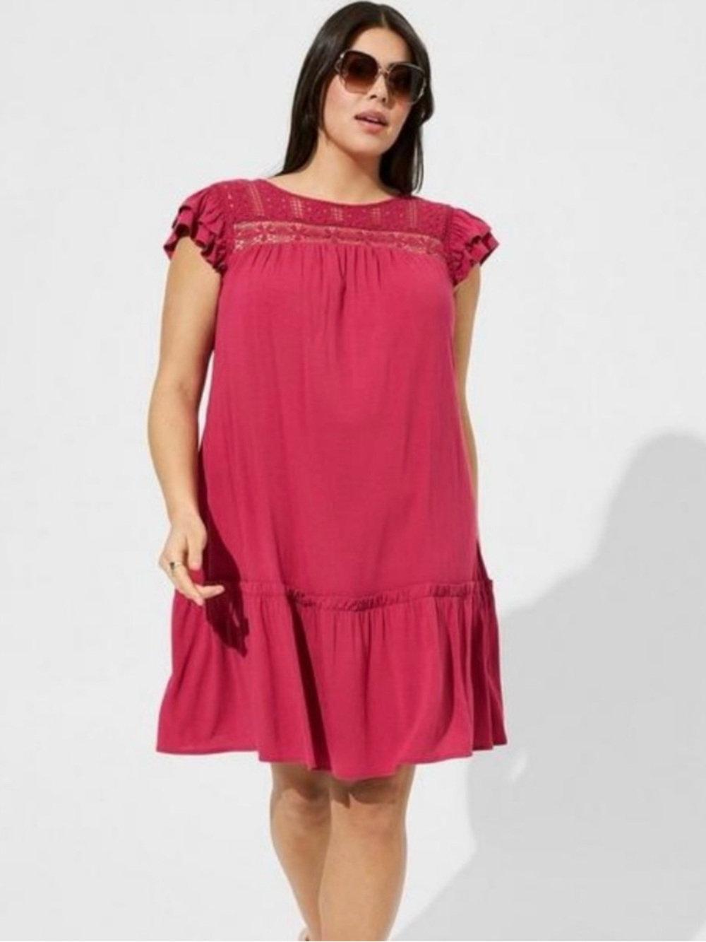 TORRID - Mini Rayon Slub Crochet Yoke Shift Dress In Red Bud - NWT - Size 2